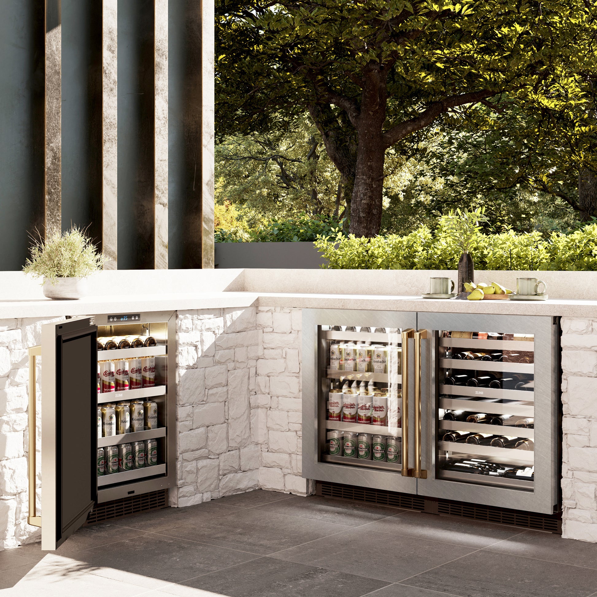 ZLINE Autograph Edition 24 in. Touchstone Dual Zone 44 Bottle Wine Cooler With DuraSnow® Stainless Steel Glass Door And Polished Gold Handle (RWDOZ-SN-24-G) in a luxury outdoor patio, side.