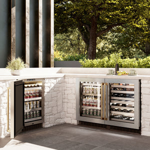 ZLINE Autograph Edition 24 in. Touchstone Dual Zone 44 Bottle Wine Cooler With DuraSnow® Stainless Steel Glass Door And Polished Gold Handle (RWDOZ-SN-24-G) in a luxury outdoor patio, side.