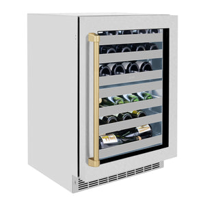 ZLINE Autograph Edition 24 in. Touchstone Dual Zone 44 Bottle Wine Cooler With DuraSnow® Stainless Steel Glass Door And Champagne Bronze Handle (RWDOZ-SN-24-CB) side, closed.