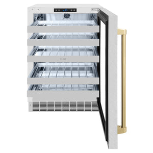 ZLINE Autograph Edition 24 in. Touchstone Dual Zone 44 Bottle Wine Cooler With DuraSnow® Stainless Steel Glass Door And Champagne Bronze Handle (RWDOZ-SN-24-CB) front, open.