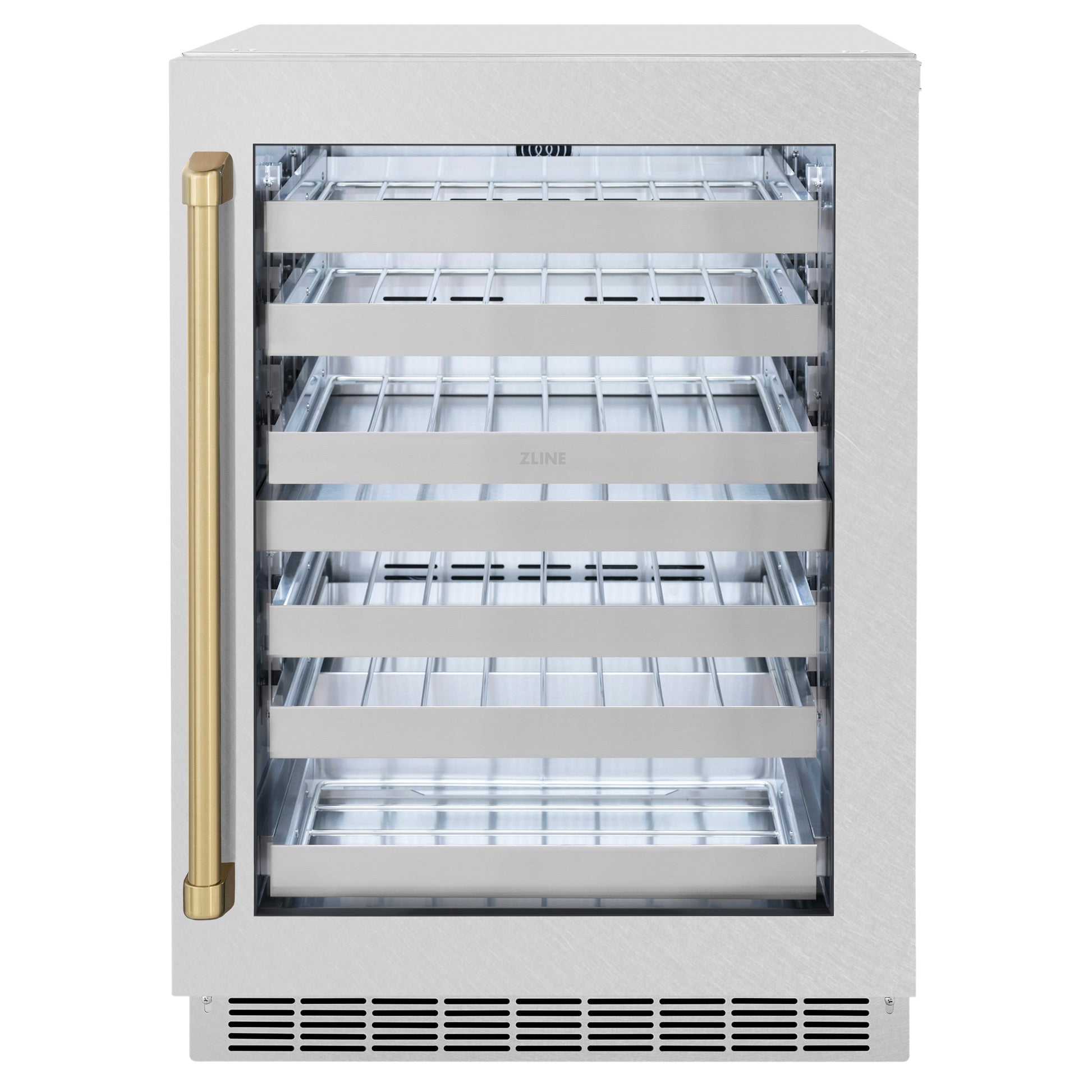 ZLINE Autograph Edition 24 in. Touchstone Dual Zone 44 Bottle Wine Cooler With DuraSnow® Stainless Steel Glass Door And Champagne Bronze Handle (RWDOZ-SN-24-CB)