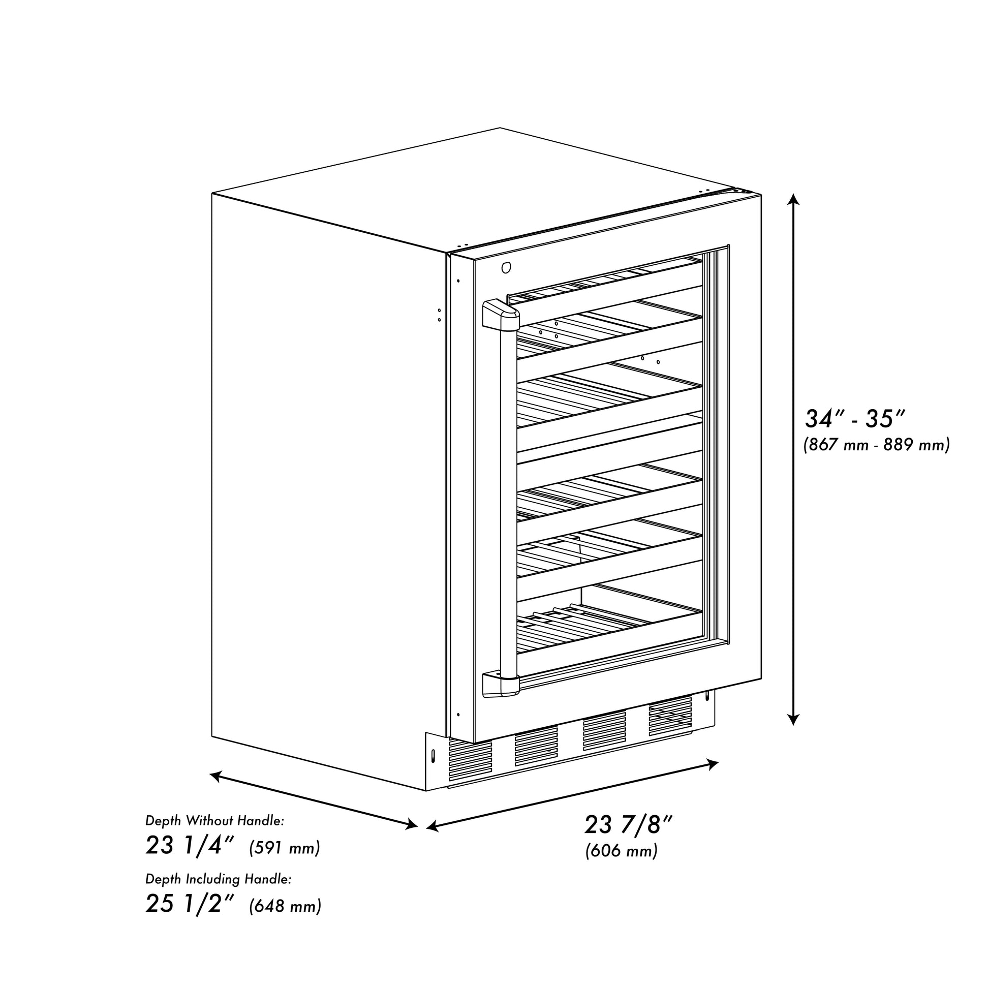 ZLINE Autograph Edition 24 in. Touchstone Dual Zone 44 Bottle Wine Cooler With DuraSnow® Stainless Steel Glass Door And Polished Gold Handle (RWDOZ-SN-24-G) dimensional diagram.