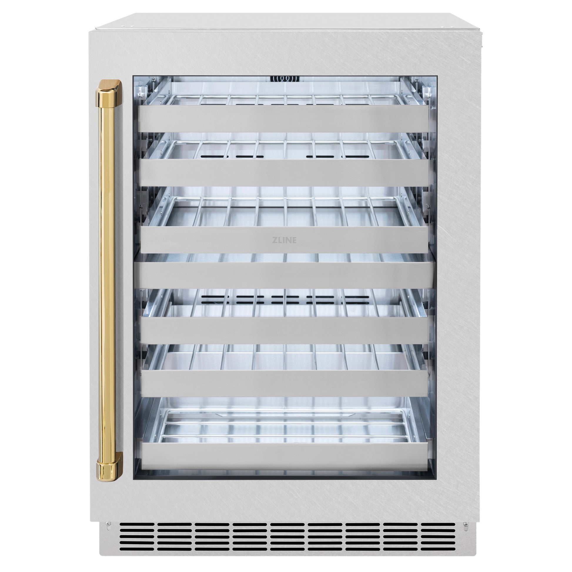 ZLINE Autograph Edition 24 in. Touchstone Dual Zone 44 Bottle Wine Cooler With DuraSnow® Stainless Steel Glass Door And Polished Gold Handle (RWDOZ-SN-24-G)