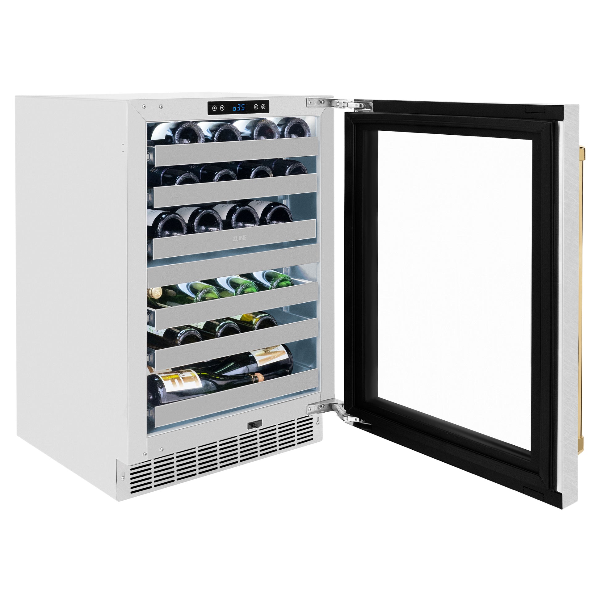 ZLINE Autograph Edition 24 in. Touchstone Dual Zone 44 Bottle Wine Cooler With DuraSnow® Stainless Steel Glass Door And Polished Gold Handle (RWDOZ-SN-24-G) side, open, full.