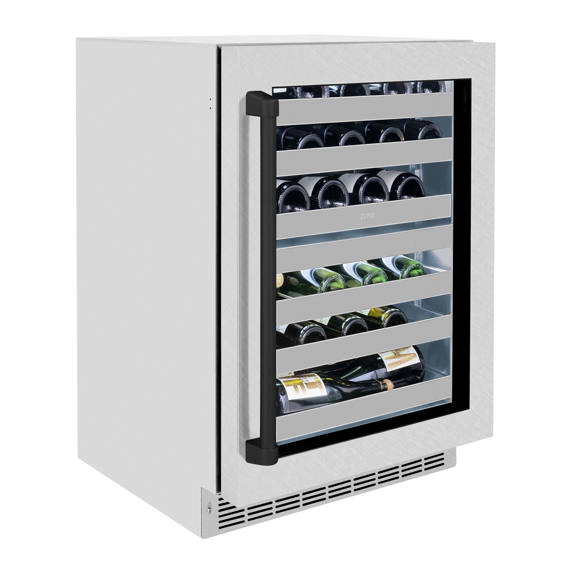 ZLINE Autograph Edition 24 in. Touchstone Dual Zone 44 Bottle Wine Cooler With DuraSnow® Stainless Steel Glass Door And Matte Black Handle (RWDOZ-SN-24-MB) side, closed.