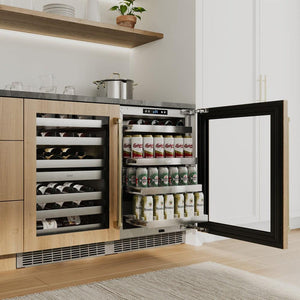 ZLINE Autograph Edition 24 in. Touchstone 151 Can Beverage Fridge With Panel Ready Glass Door And Champagne Bronze Handle (RBSPOZ-24-CB) in a custom home bar area from side, with beverages on extended adjustable shelves.