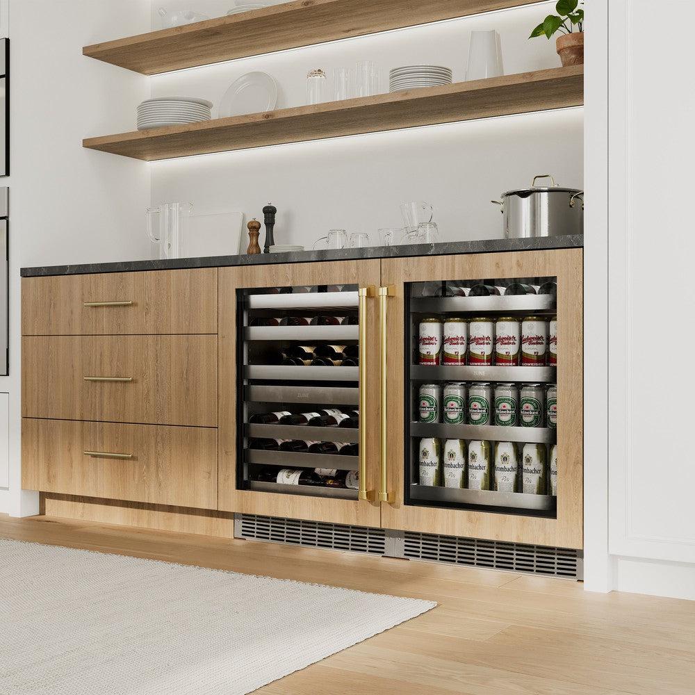 ZLINE Autograph Edition 24 in. Touchstone 151 Can Beverage Fridge With Panel Ready Glass Door And Polished Gold Handle (RBSPOZ-24-G) in a custom home bar area from side, with wine on adjustable shelves with door closed.