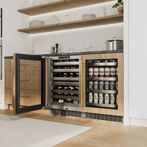 ZLINE Autograph Edition 24 in. Touchstone Dual Zone 44 Bottle Wine Cooler With Panel Ready Glass Door And Polished Gold Handle (RWDPOZ-24-G) in a luxury kitchen.