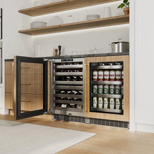 ZLINE Autograph Edition 24 in. Touchstone Dual Zone 44 Bottle Wine Cooler With Panel Ready Glass Door And Polished Gold Handle (RWDPOZ-24-G) in a luxury kitchen.
