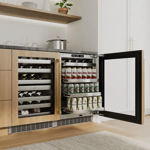 ZLINE Autograph Edition 24 in. Touchstone Dual Zone 44 Bottle Wine Cooler With Panel Ready Glass Door And Polished Gold Handle (RWDPOZ-24-G) in a luxury kitchen.