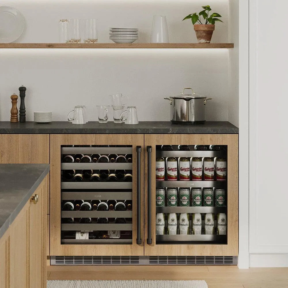 ZLINE Autograph Edition 24 in. Touchstone 151 Can Beverage Fridge With Panel Ready Glass Door And Matte Black Handle (RBSPOZ-24-MB) in a luxury kitchen.