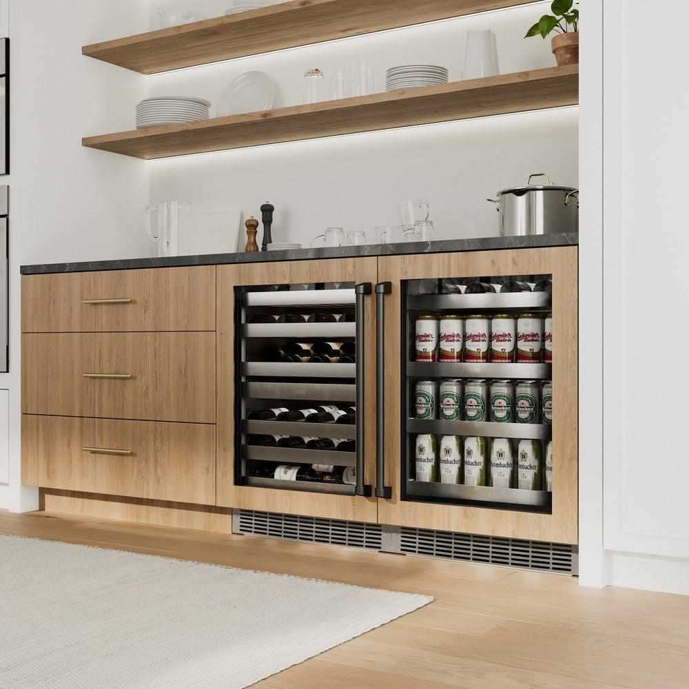 ZLINE Autograph Edition 24 in. Touchstone 151 Can Beverage Fridge With Panel Ready Glass Door And Matte Black Handle (RBSPOZ-24-MB) in a custom home bar area from side, with wine on adjustable shelves with door closed.