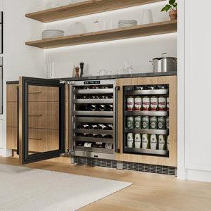 ZLINE Autograph Edition 24 in. Touchstone Dual Zone 44 Bottle Wine Cooler With Panel Ready Glass Door And Matte Black Handle (RWDPOZ-24-MB) in a luxury kitchen.