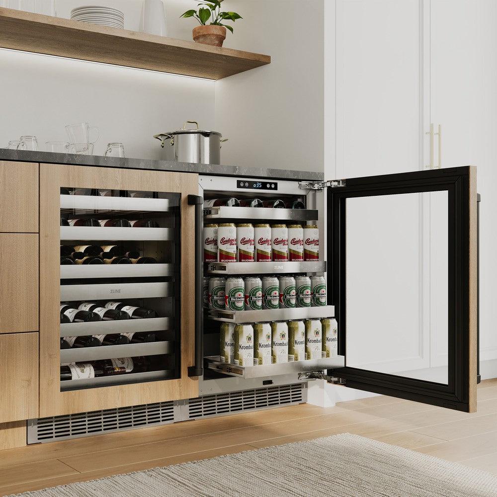 ZLINE Autograph Edition 24 in. Touchstone 151 Can Beverage Fridge With Panel Ready Glass Door And Matte Black Handle (RBSPOZ-24-MB) in a custom home bar area from side, with beverages on extended adjustable shelves.