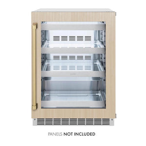 ZLINE Autograph Edition 24 in. Touchstone 151 Can Beverage Fridge With Panel Ready Glass Door And Champagne Bronze Handle (RBSPOZ-24-CB) front, with custom wood panel. Text: 