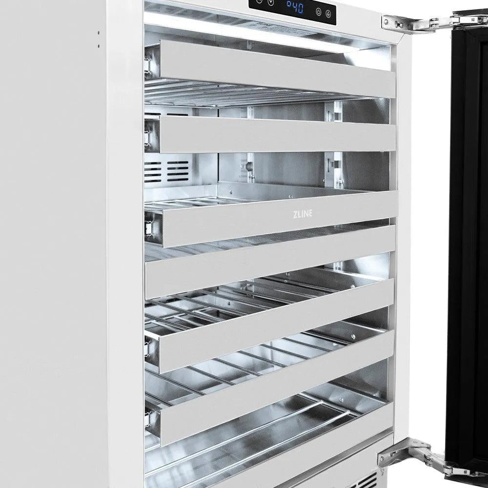 ZLINE Autograph Edition 24 in. Touchstone Dual Zone 44 Bottle Wine Cooler With Panel Ready Glass Door And Champagne Bronze Handle (RWDPOZ-24-CB) adjustable shelves and interior lighting from side.