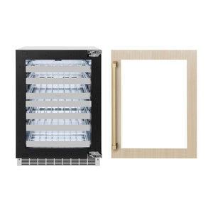 ZLINE Autograph Edition 24 in. Touchstone Dual Zone 44 Bottle Wine Cooler With Panel Ready Glass Door And Champagne Bronze Handle (RWDPOZ-24-CB) front, next to custom wood panel with handle.