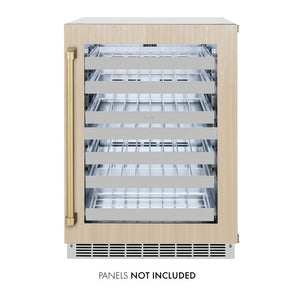 ZLINE Autograph Edition 24 in. Touchstone Dual Zone 44 Bottle Wine Cooler With Panel Ready Glass Door And Champagne Bronze Handle (RWDPOZ-24-CB) front, with custom wood panel. Text: 