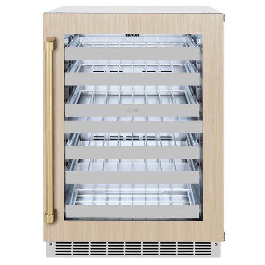 ZLINE Autograph Edition 24 in. Touchstone Dual Zone 44 Bottle Wine Cooler With Panel Ready Glass Door And Champagne Bronze Handle (RWDPOZ-24-CB) front, closed.