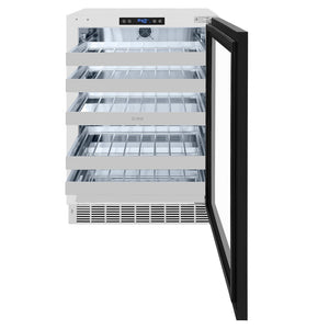 ZLINE Autograph Edition 24 in. Touchstone Dual Zone 44 Bottle Wine Cooler With Panel Ready Glass Door And Polished Gold Handle (RWDPOZ-24-G) front, open.