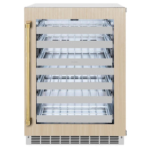 ZLINE Autograph Edition 24 in. Touchstone Dual Zone 44 Bottle Wine Cooler With Panel Ready Glass Door And Polished Gold Handle (RWDPOZ-24-G) front, with custom wood panel.