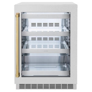 ZLINE Autograph Edition 24 in. Touchstone 151 Can Beverage Fridge With Satin Stainless Steel Glass Door And Polished Gold Handle (RBSOZ-SN-24-G) front, closed.