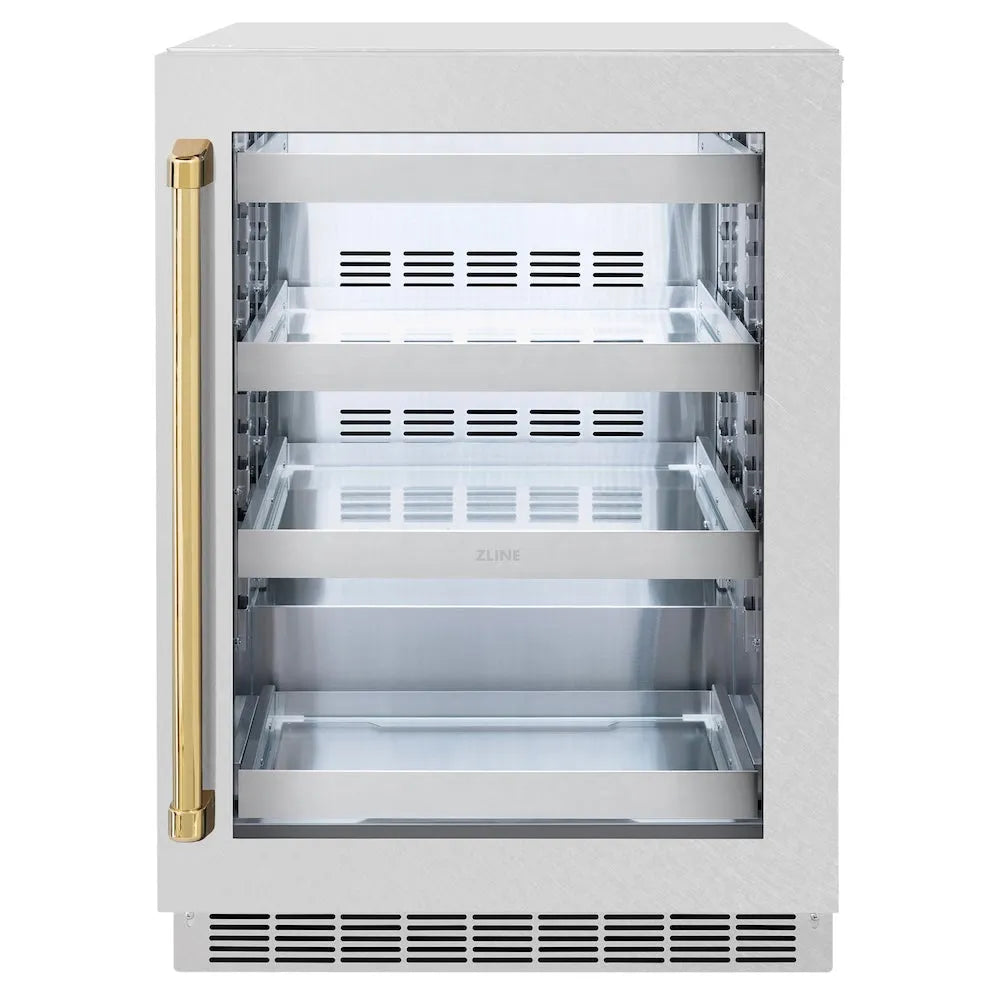 ZLINE Autograph Edition 24 in. Touchstone 151 Can Beverage Fridge With Satin Stainless Steel Glass Door And Polished Gold Handle (RBSOZ-SN-24-G) main image.