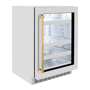 ZLINE Autograph Edition 24 in. Touchstone 151 Can Beverage Fridge With Satin Stainless Steel Glass Door And Polished Gold Handle (RBSOZ-SN-24-G) side, closed.