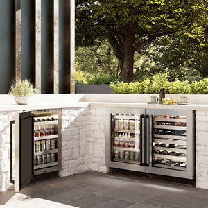 ZLINE Autograph Edition 24 in. Touchstone 151 Can Beverage Fridge With Satin Stainless Steel Glass Door And Matte Black Handle (RBSOZ-SN-24-MB) in a luxury outdoor patio, side.