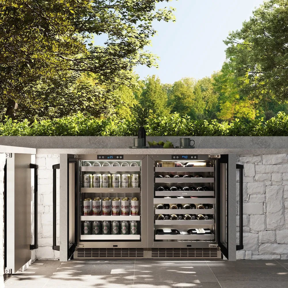ZLINE Autograph Edition 24 in. Touchstone 151 Can Beverage Fridge With Satin Stainless Steel Glass Door And Matte Black Handle (RBSOZ-SN-24-MB) front, in a luxury outdoor kitchen, open.