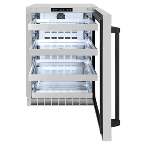 ZLINE Autograph Edition 24 in. Touchstone 151 Can Beverage Fridge With Satin Stainless Steel Glass Door And Matte Black Handle (RBSOZ-SN-24-MB) front, open.