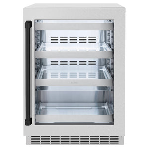 ZLINE Autograph Edition 24 in. Touchstone 151 Can Beverage Fridge With Satin Stainless Steel Glass Door And Matte Black Handle (RBSOZ-SN-24-MB) front, closed.