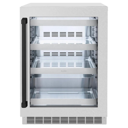 ZLINE Autograph Edition 24 in. Touchstone 151 Can Beverage Fridge With Satin Stainless Steel Glass Door And Matte Black Handle (RBSOZ-SN-24-MB) main image.