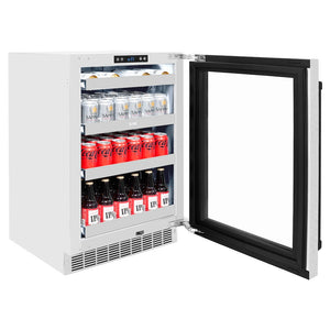 ZLINE Autograph Edition 24 in. Touchstone 151 Can Beverage Fridge With Satin Stainless Steel Glass Door And Matte Black Handle (RBSOZ-SN-24-MB) side, open, full.