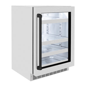 ZLINE Autograph Edition 24 in. Touchstone 151 Can Beverage Fridge With Satin Stainless Steel Glass Door And Matte Black Handle (RBSOZ-SN-24-MB) side, closed.