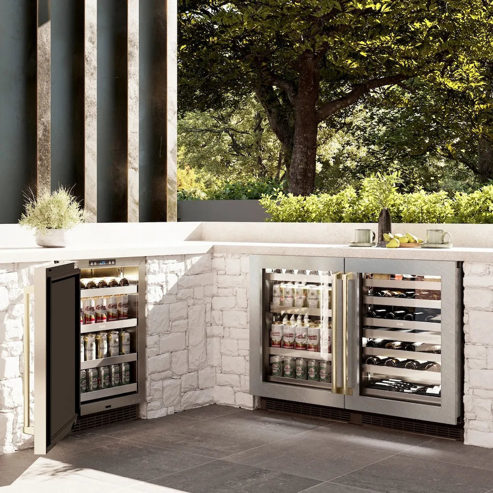 ZLINE Autograph Edition 24 in. Touchstone Dual Zone 44 Bottle Wine Cooler with Satin Stainless Steel Glass Door and Champagne Bronze Handle (RWDOZ-SN-24-CB) in a luxury outdoor patio, side.