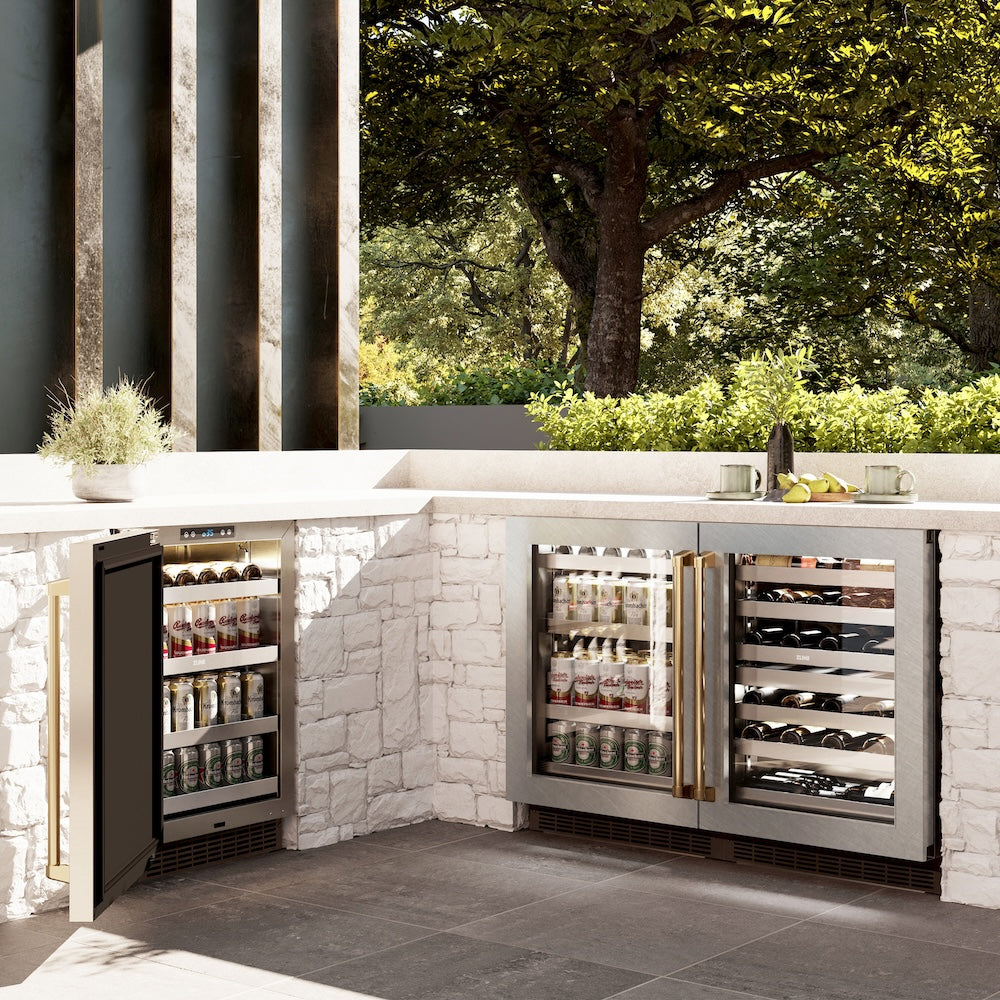 ZLINE Autograph Edition 24 in. Touchstone Dual Zone 44 Bottle Wine Cooler with Satin Stainless Steel Glass Door and Polished Gold Handle (RWDOZ-SN-24-G) in a luxury outdoor patio, side.