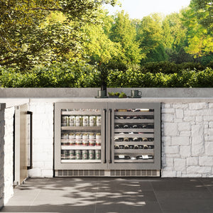 ZLINE Autograph Edition 24 in. Touchstone Dual Zone 44 Bottle Wine Cooler with Satin Stainless Steel Glass Door and Matte Black Handle (RWDOZ-SN-24-MB) front, in a luxury outdoor kitchen.