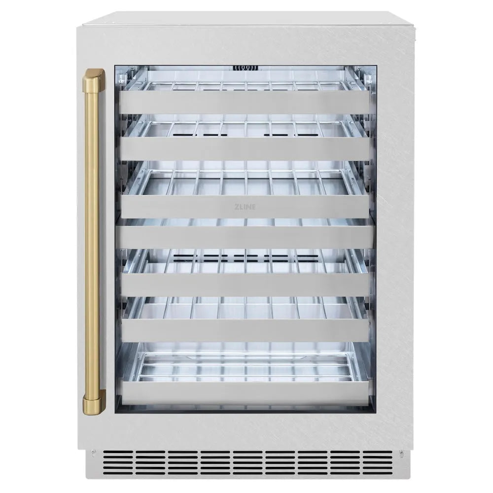 ZLINE Autograph Edition 24 in. Touchstone Dual Zone 44 Bottle Wine Cooler with Satin Stainless Steel Glass Door and Champagne Bronze Handle (RWDOZ-SN-24-CB) main image.