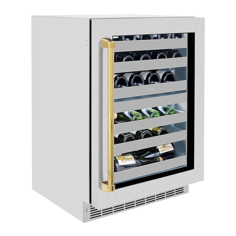 ZLINE Autograph Edition 24 in. Touchstone Dual Zone 44 Bottle Wine Cooler with Satin Stainless Steel Glass Door and Polished Gold Handle (RWDOZ-SN-24-G)