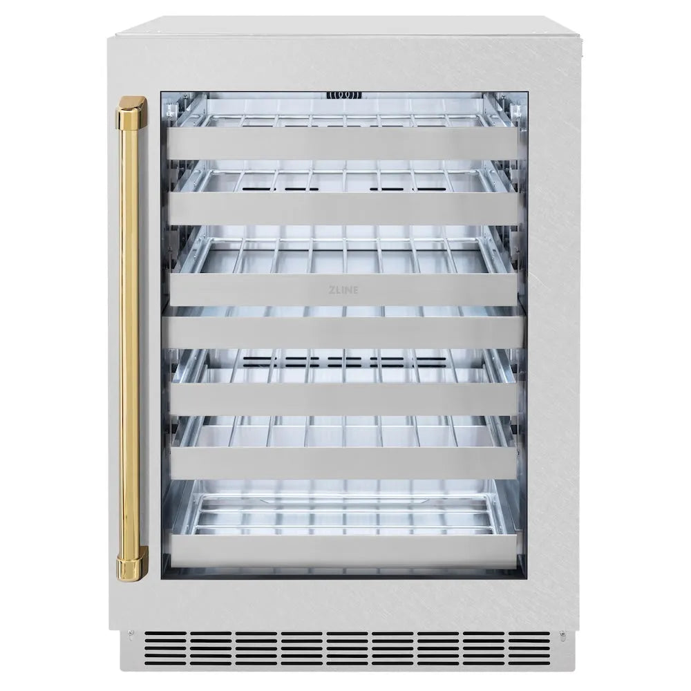 ZLINE Autograph Edition 24 in. Touchstone Dual Zone 44 Bottle Wine Cooler with Satin Stainless Steel Glass Door and Polished Gold Handle (RWDOZ-SN-24-G) main image.