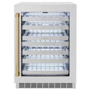 ZLINE Autograph Edition 24 in. Touchstone Dual Zone 44 Bottle Wine Cooler with Satin Stainless Steel Glass Door and Polished Gold Handle (RWDOZ-SN-24-G) main image.