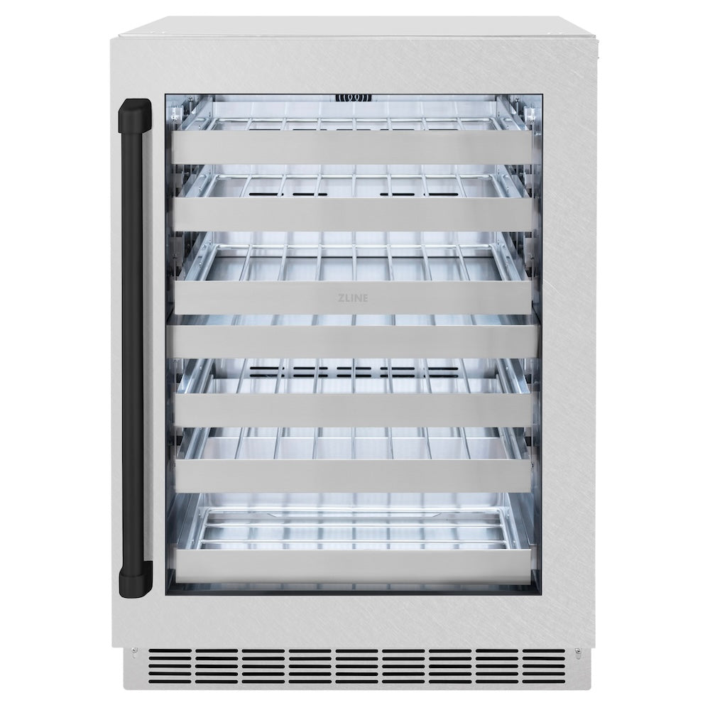 ZLINE Autograph Edition 24 in. Touchstone Dual Zone 44 Bottle Wine Cooler with Satin Stainless Steel Glass Door and Matte Black Handle (RWDOZ-SN-24-MB) front, closed.