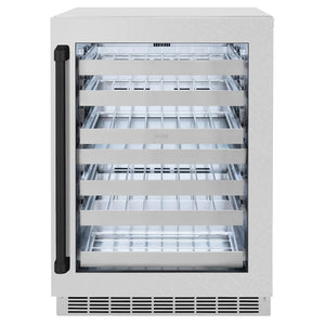ZLINE Autograph Edition 24 in. Touchstone Dual Zone 44 Bottle Wine Cooler with Satin Stainless Steel Glass Door and Matte Black Handle (RWDOZ-SN-24-MB) front, closed.