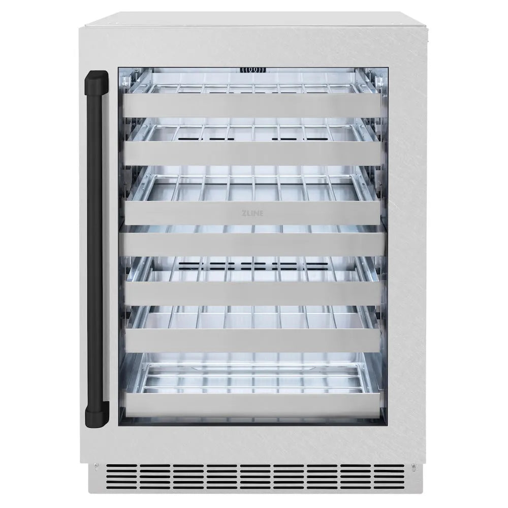 ZLINE Autograph Edition 24 in. Touchstone Dual Zone 44 Bottle Wine Cooler with Satin Stainless Steel Glass Door and Matte Black Handle (RWDOZ-SN-24-MB) main image.