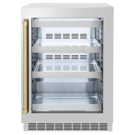 ZLINE Autograph Edition 24 in. Touchstone 151 Can Beverage Fridge With Stainless Steel Glass Door And Champagne Bronze Handle (RBSOZ-GS-24-CB) main image.