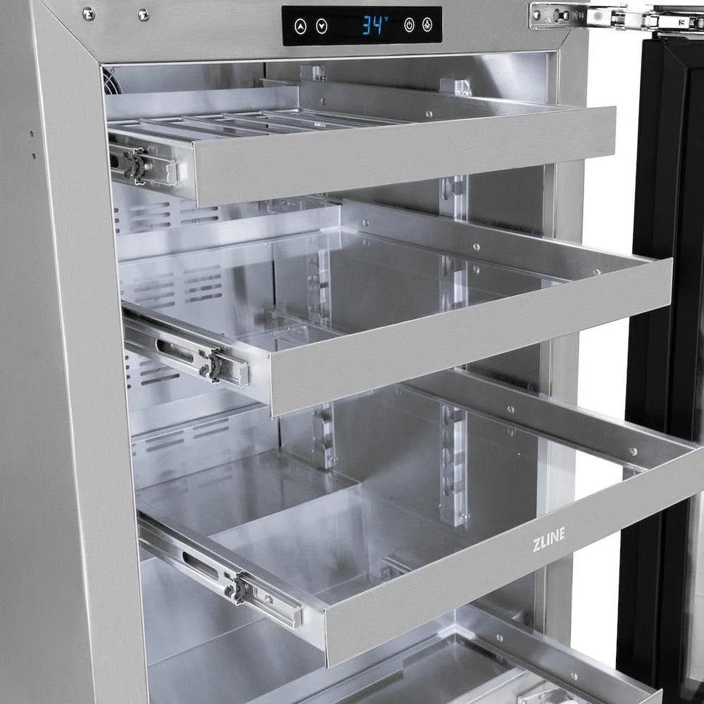 ZLINE Autograph Edition 24 in. Touchstone 151 Can Beverage Fridge With Stainless Steel Glass Door And Polished Gold Handle (RBSOZ-GS-24-G) close-up, door open, 3 full-extension glass racks and 1 full-extension stainless steel wine rack extended.