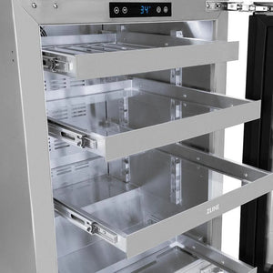 ZLINE Autograph Edition 24 in. Touchstone 151 Can Beverage Fridge With Stainless Steel Glass Door And Polished Gold Handle (RBSOZ-GS-24-G) close-up, door open, 3 full-extension glass racks and 1 full-extension stainless steel wine rack extended.