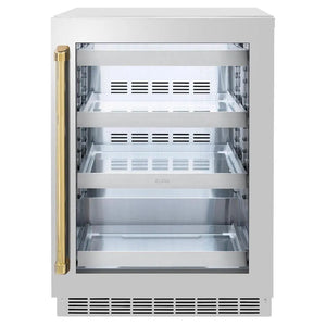 ZLINE Autograph Edition 24 in. Touchstone 151 Can Beverage Fridge With Stainless Steel Glass Door And Polished Gold Handle (RBSOZ-GS-24-G) main image.