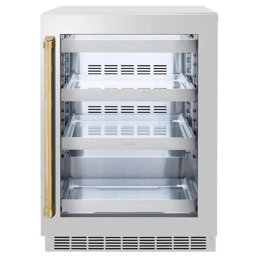 ZLINE Autograph Edition 24 in. Touchstone 151 Can Beverage Fridge With Stainless Steel Glass Door And Polished Gold Handle (RBSOZ-GS-24-G) main image.